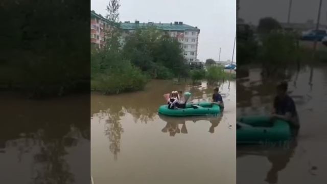 Первоклашки плывут в школу на резиновой лодке