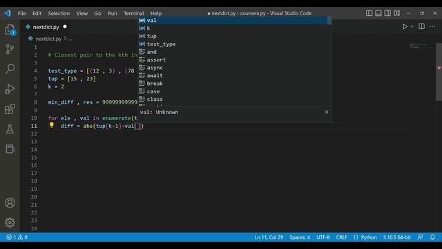 Closest pair to the kth index element in tuple  in python
