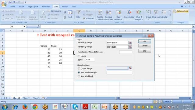 Excel Statistics t Test with Unequal Variances