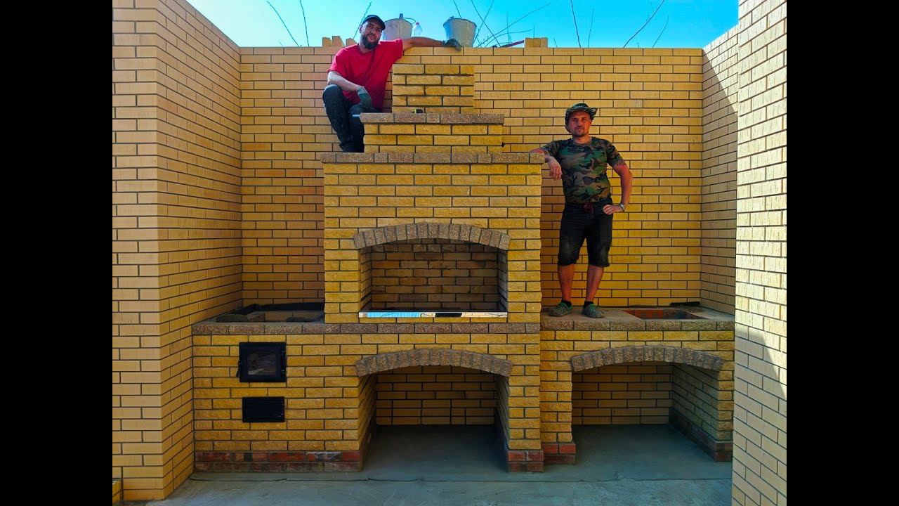 Мангал из кирпича с печкой под казан с использованием готовой задней стены, наш 144 объект смотреть онлайн
