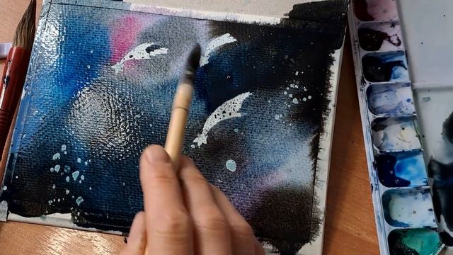 Рисую звёздную ночь /космос /звёздное небо акварелью.  a starry night in watercolor.