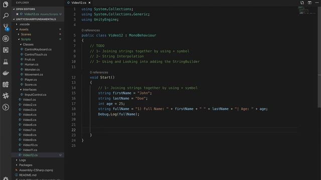 Unity C# Fundamentals - String manipulation by concatenation, string interpolation, & string builde