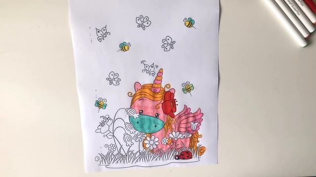 ? Раскрашиваем Единорожку на лужайке | Раскраска фломастерами