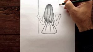 Kolay Salıncakta Oturan Kız Çizimi - Yeni Karakalem Çizimleri 2022 - How to draw Swinging Girl Easy