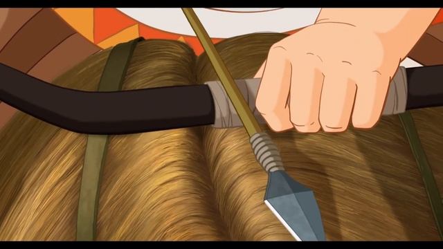 Алеша Попович натягивает, натягивет лук, а затем стреляет. смотреть онлайн