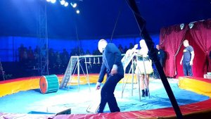Алина играет с настоящим клоуном на арене цирка