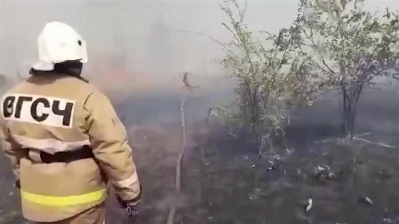 В Усть-Донецком районе Ростовской области лишь спу...ки удалось локализовать крупный очаг возгорания