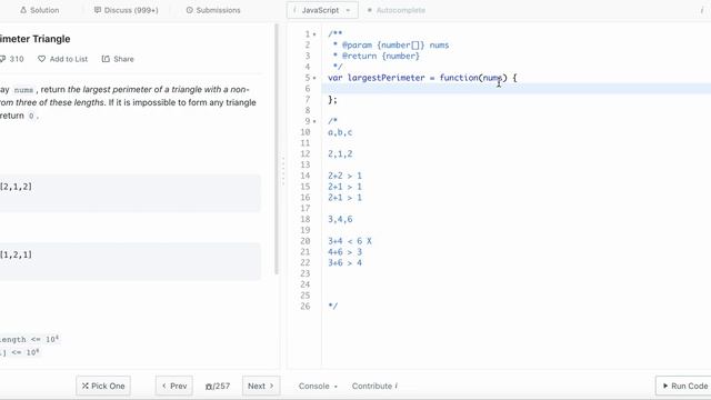 976. Largest Perimeter Triangle | LeetCode | JavaScript | Easy | LeetCode Daily Challenge