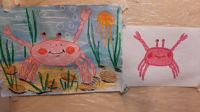 Рисуем весёлого краба. Масляная пастель, чёрный маркер, акварель смотреть онлайн