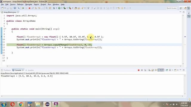 How to use copyOfRange(float[] original, int from, int to) method of Java.util.Arrays Class?