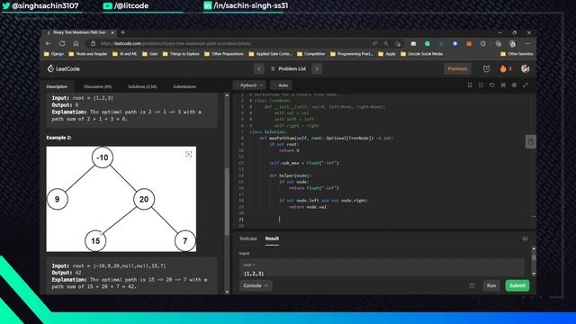 Leetcode 124. Binary Tree Maximum Path Sum - Python Solution