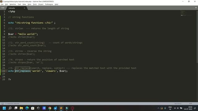 PHP String Functions - strlen, str_word_count, strrev, strpos, str_replace, trim, ucfirst,strtouppe