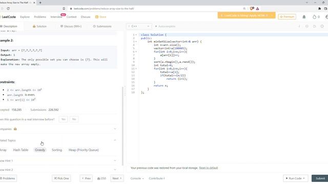 Reduce Array Size to The Half  LeetCode-1338