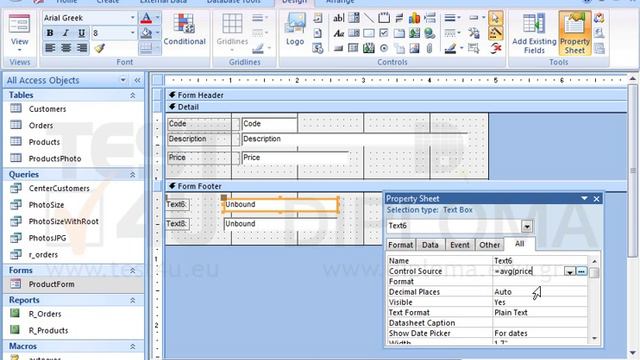 Insert two text boxes in the footer of the ProductForm form. The first one will display the... смотреть онлайн