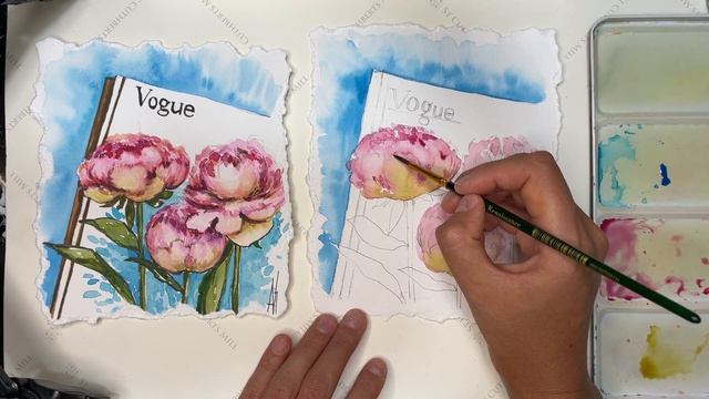 Как нарисовать пионы акварелью, мастер-класс, летняя открытка смотреть онлайн