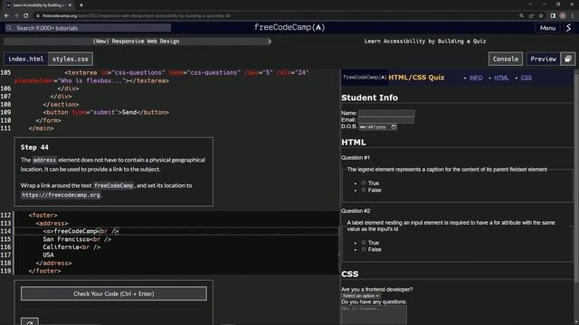 learn2code | freeCodeCamp (New) Responsive Web Design  -  Building a Quiz: Step 44