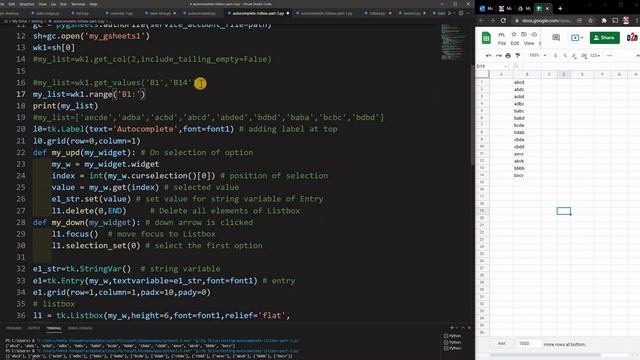 Tkinter Autocomplete options using date sources from Google sheets or MySQL database or  CSV file