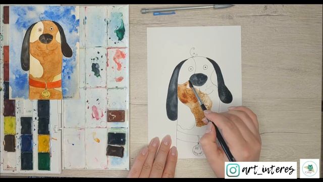 Как нарисовать Собаку акварелью. Уроки рисования. Скетчинг для начинающих
