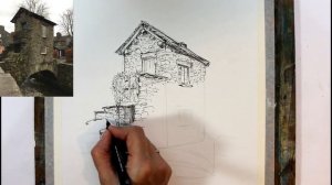 Drawing Bridge House in Ambleside using a Uni Pin Fine Liner size 0.5 and adding some watercolour.