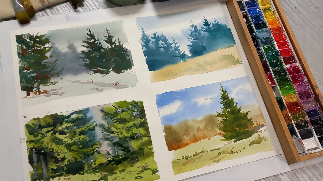 Как рисовать ёлки акварелью быстро и просто, урок для начинающих смотреть онлайн