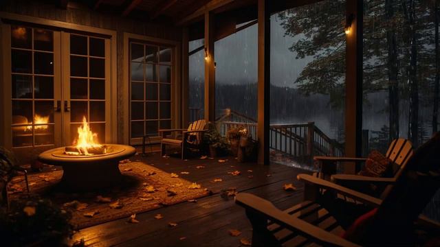 Crackling Fire pit on Porch with Rain Sounds falling on roof to Relaxation and Sleeping смотреть онлайн