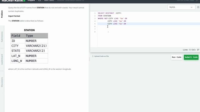 Hackerrank SQL Solution #14 Basic SQL - Weather Observation Station 10