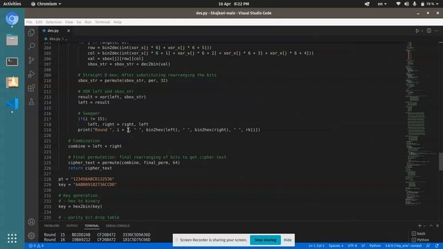 Single round of DES code implementation with python (192-35-2821)