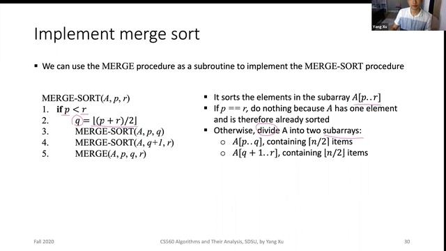 CS560 Algorithms and Their Analysis: MERGE-SORT pseudocode implementation
