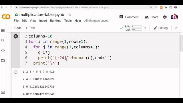 Multiplication table in Python using nested for loops and using user input