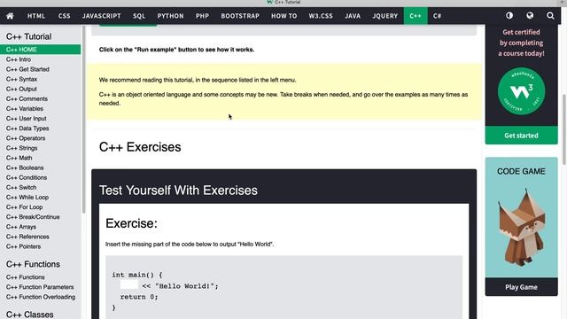 Learn C++ on w3schools