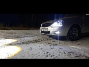 Лада Приора // Заводские Фары на LED лампах + LED линзы ПТФ на Дороге