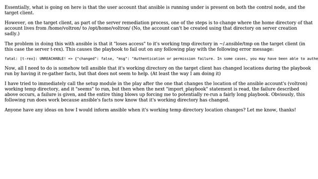 Unix & Linux: Ansible playbook fails when .ansible/tmp directory path changes