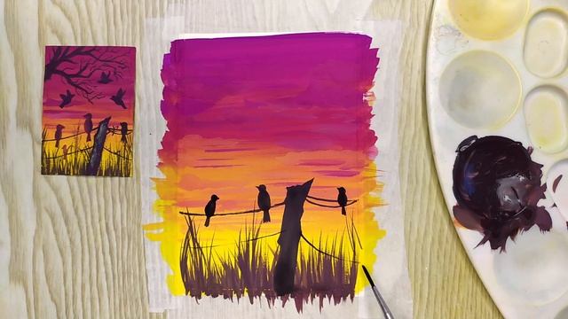 Как нарисовать закат гуашью. Простой закат с птицами