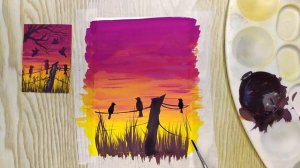 Как нарисовать закат гуашью. Простой закат с птицами