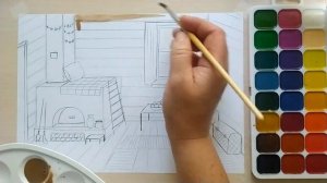 Уроки рисования. Интерьер русской избы.