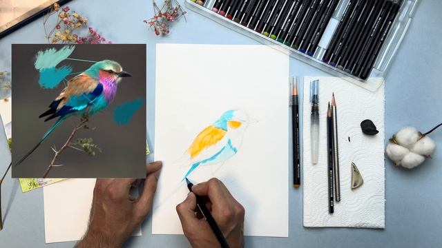 Как нарисовать птичку акварельными маркерами Mobee