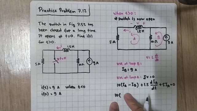 Practice Problem 7.12 Fundamental of Electric Circuits (Sadiku) 5th Ed - First Order RL Circuit
