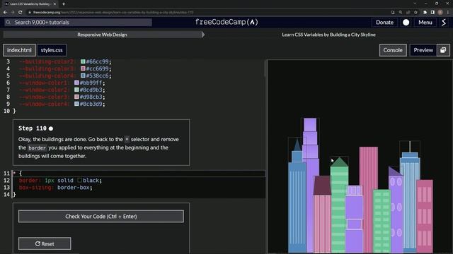 Learn CSS | FreeCodeCamp Learn CSS Variables by Building a City Skyline - Step 110