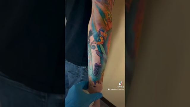 Full sleeve color tattoo underwater theme narwhal jellyfish coral reef dolphin sea turtle