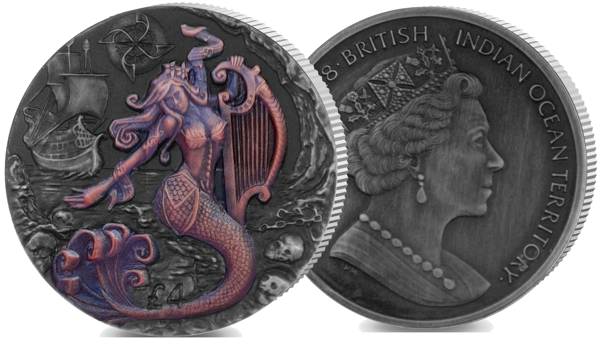 Монета от МД Pobjoy. 4 фунта мифическая Сирена.