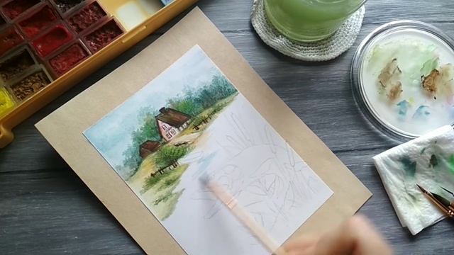 Как рисовать ЩУКУ и деревенский ПЕЙЗАЖ акварелью? смотреть онлайн