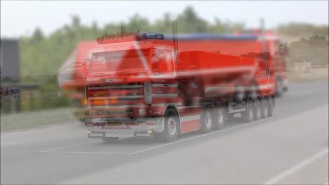 Henning Sejer Pedersen Aps - Scania 143H 420 (straight pipe) with tiptrailer passed by