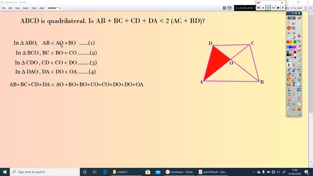 ABCD is quadrilateral. IsAB + BC + CD + DA less than 2 (AC + BD)? Ex 6 .4 Q No .5, emaths смотреть онлайн