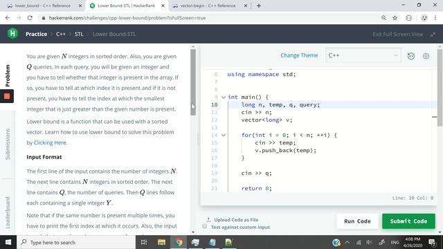 HackerRank Solution: Lower Bound-STL in C++