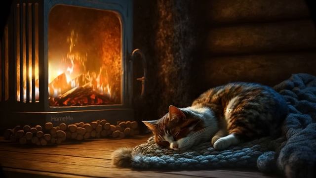 Fall asleep to the Purring of a Cat & Fireplace ? Relax in Cozy Winter Hut, Fireplace sound