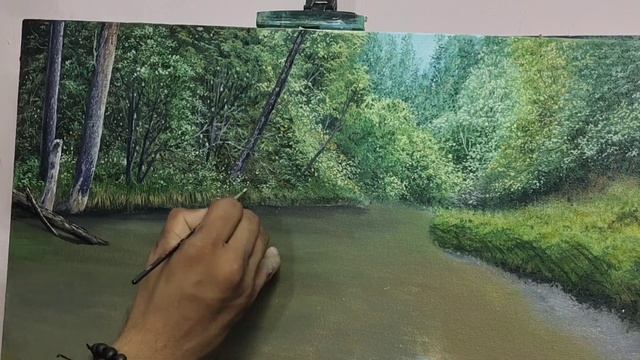 Oilpainting Landscape Timelapse | Forest painting | Realistic water Reflection