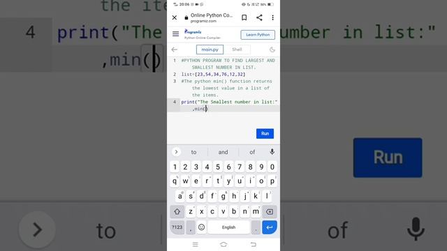 PYTHON PROGRAM TO FIND LARGEST AND SMALLEST NUMBER IN LIST.|#pythonprogram #min()&max()_function