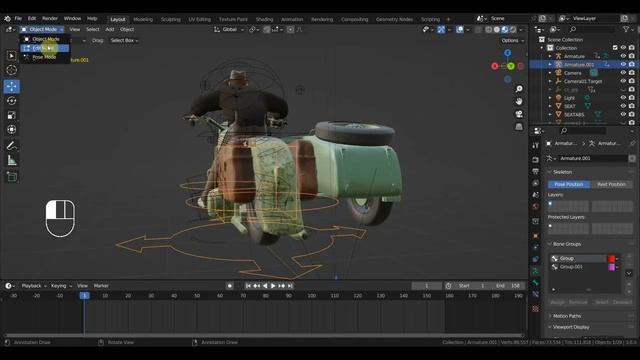 BLENDER 3.6 добавляем коляску к мотоциклу джонса и новая настройка колес