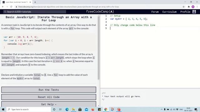 Lesson 98 - iterate through array with for loop - freecodecamp