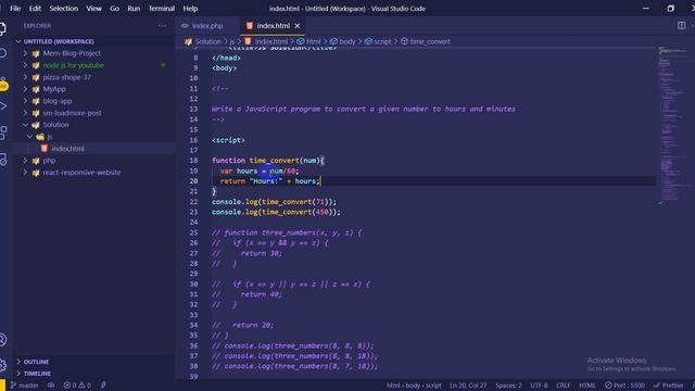 JavaScript - Exercises, Practice, Solution [16] convert a given number to hours and min